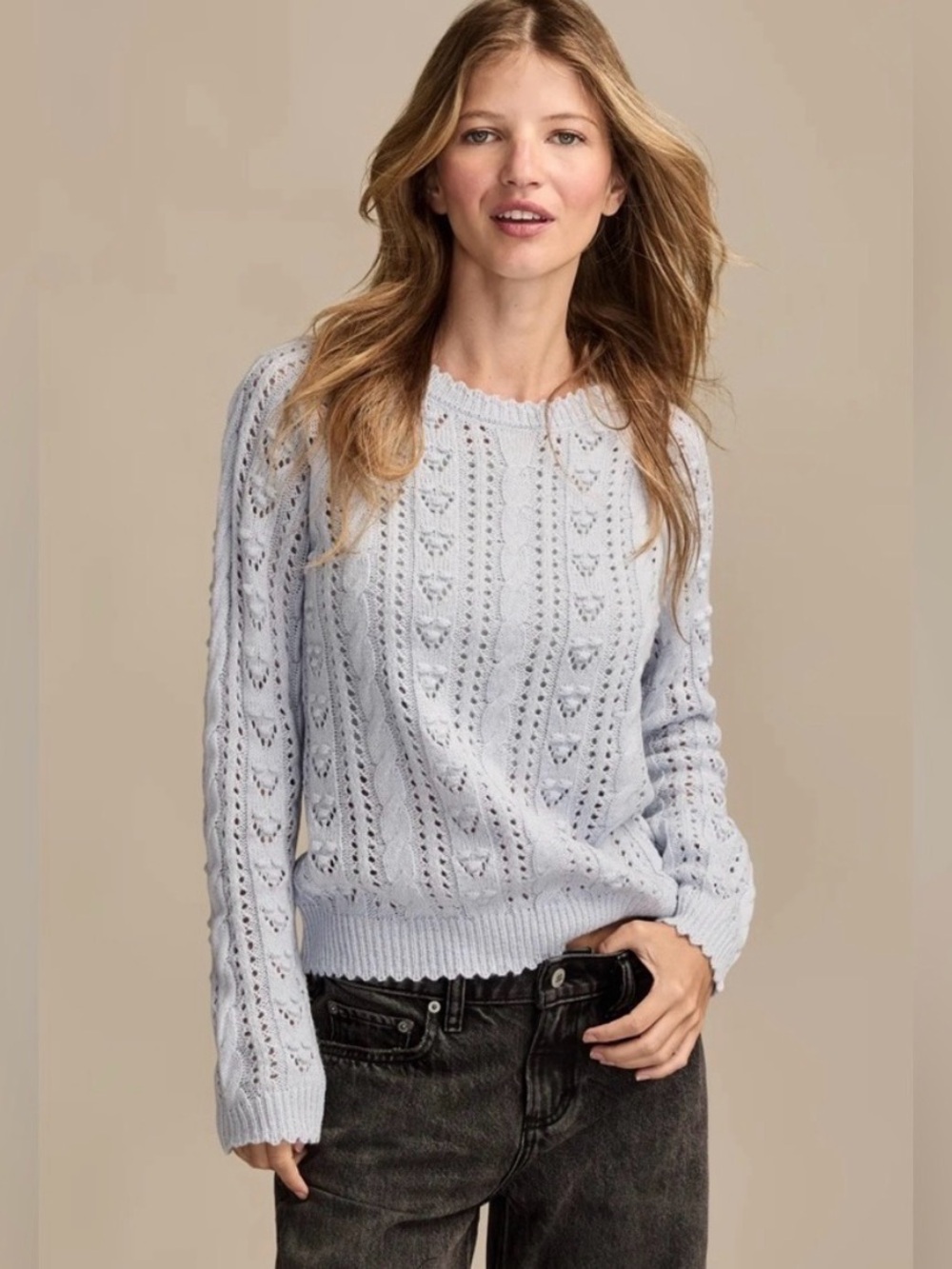 NWT Lucky Brand Pointelle Crewneck Sweater XL Blue Cable Lace Knit Scallop Trim